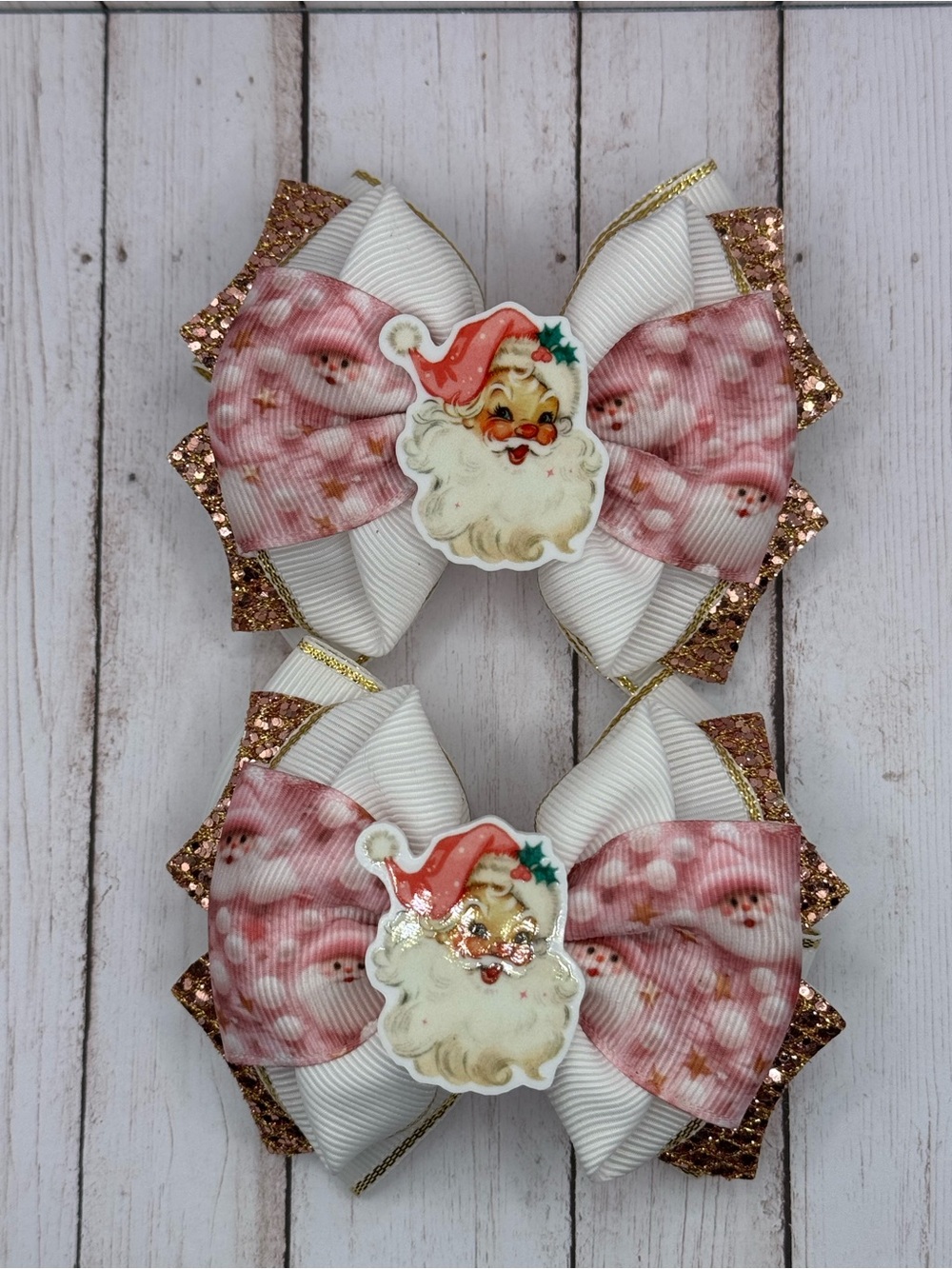 White & Pink Santa Bow Hair Clips for Kids